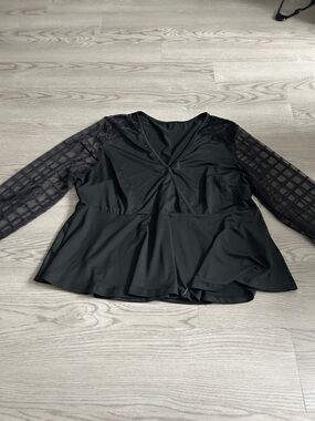 SHEIN Black Twist-Front Peplum Top with Sheer Grid Sleeves